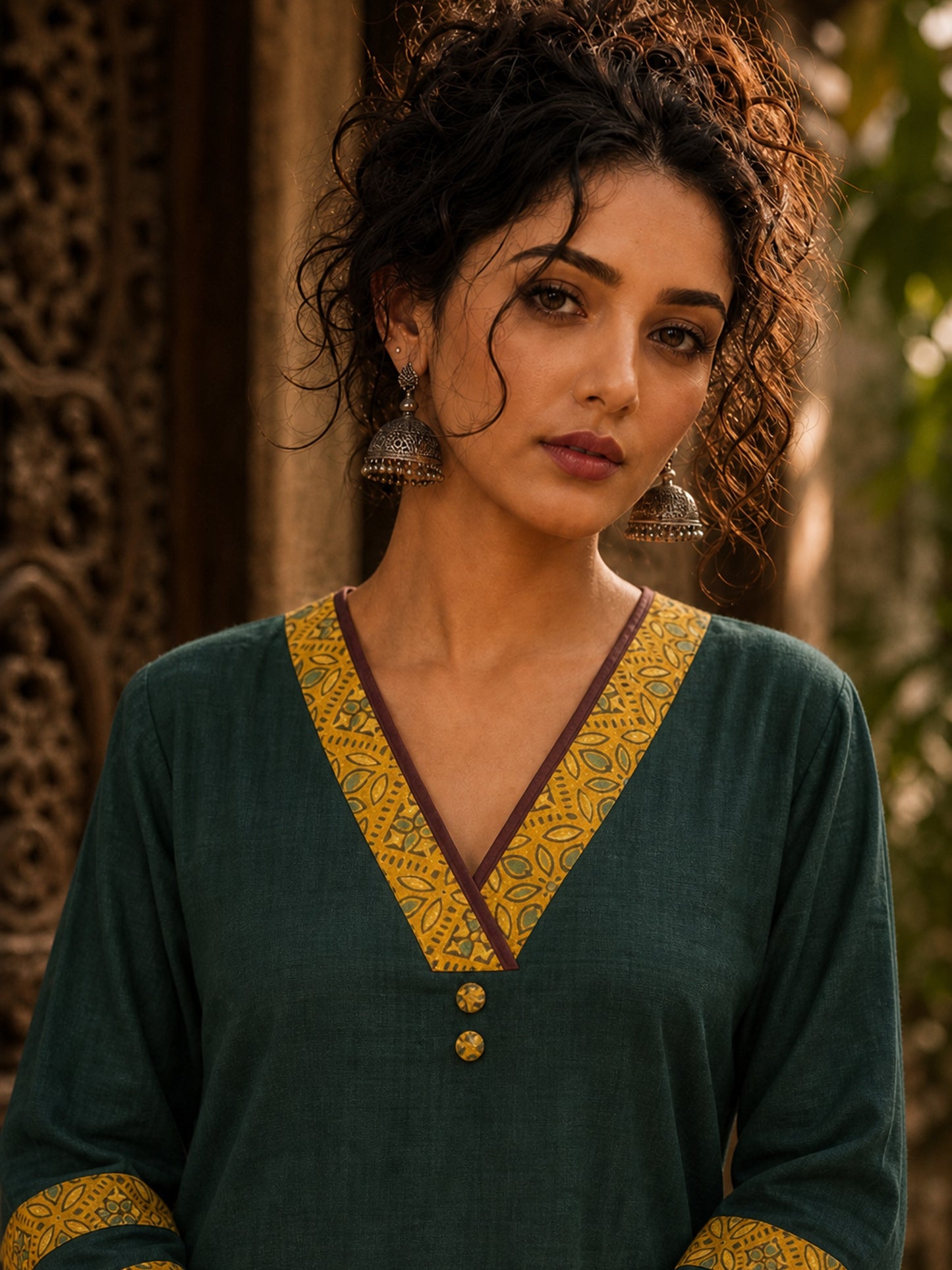 Classic Teal Cotton Kurta with Ajrakh Printed V-Yoke & Double Cuff Band Detail