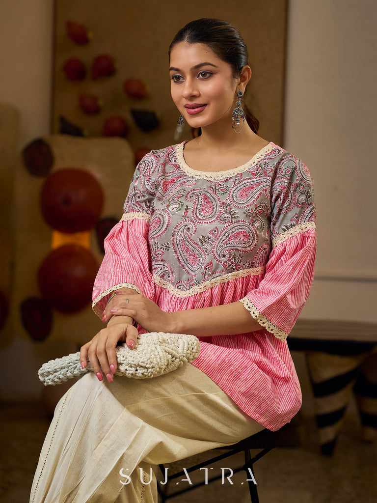 Graceful Pink Gathered Top Featuring A Paisley Printed Yoke And Coordinated Sleeves