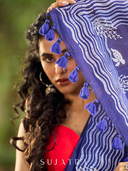 Vibrant Royal Blue Hand Block Printed Cotton Saree