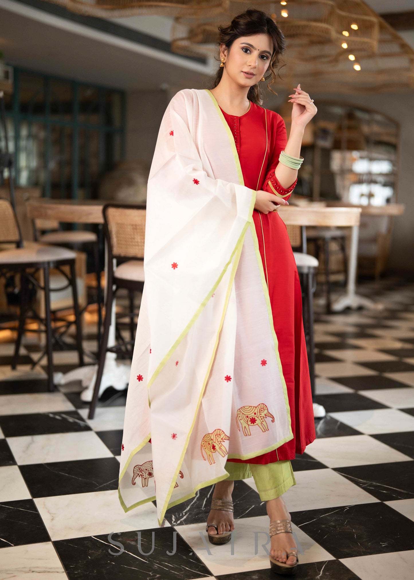 Elegant Red Cotton Silk A Line Kurta With Pin tucks & Gold Pearls On Placket