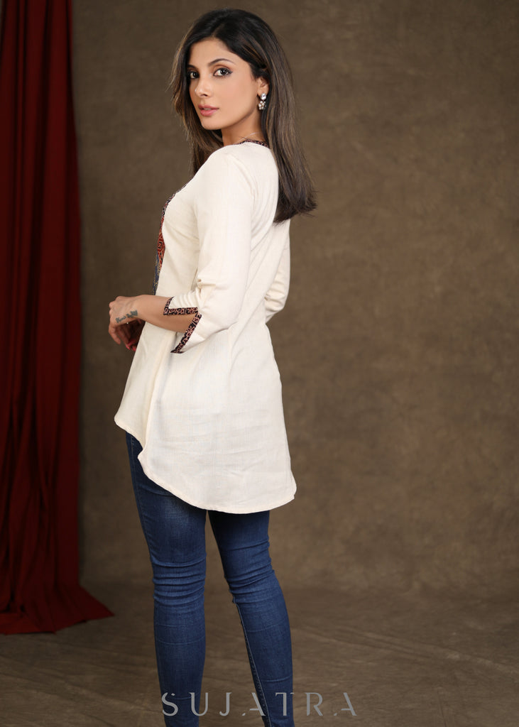 Smart High-Low Ajrakh Patchwork Cotton Off White Top