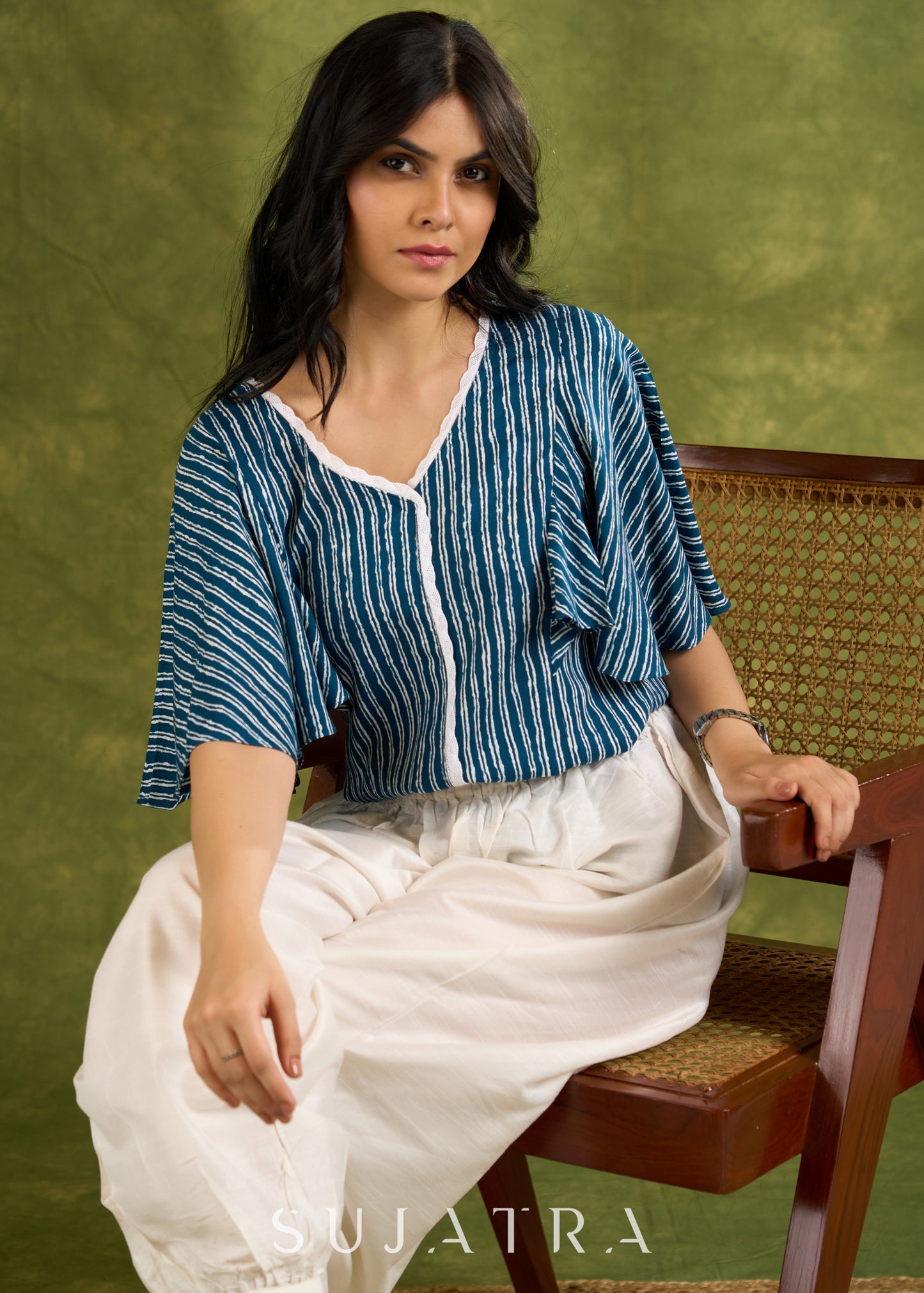 Breezy Rayon Striped V-Neck Top With Flowing Cape Sleeves  - Pant Optional