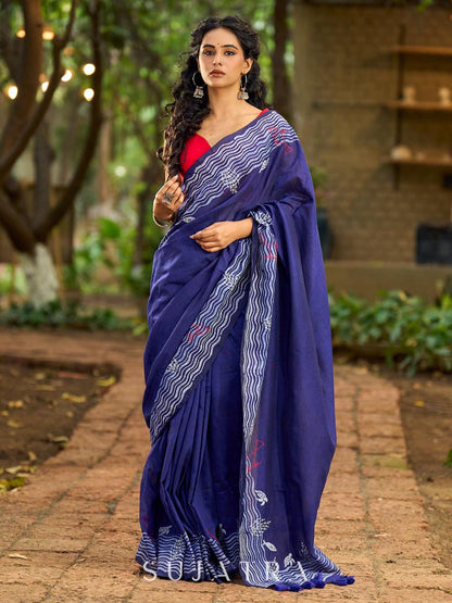 Vibrant Royal Blue Hand Block Printed Cotton Saree