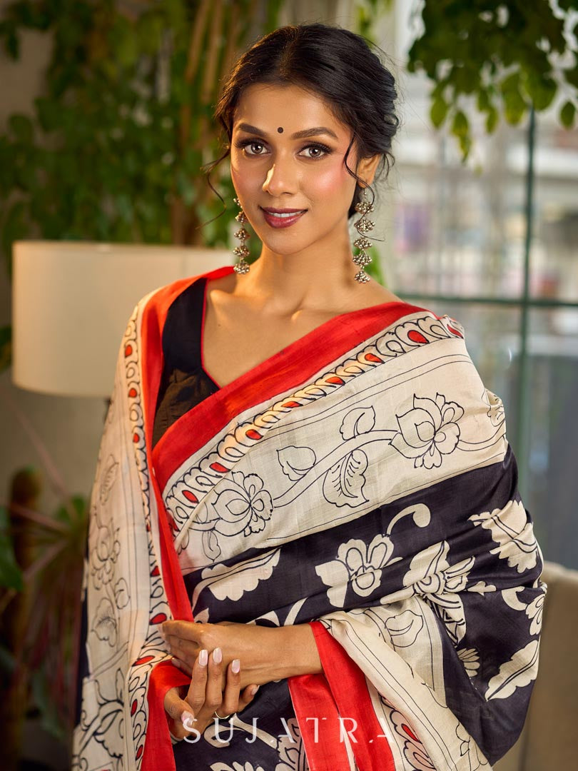 Graceful Black & White Kalamkari Pure Silk Saree with Bold Red Contrast Border