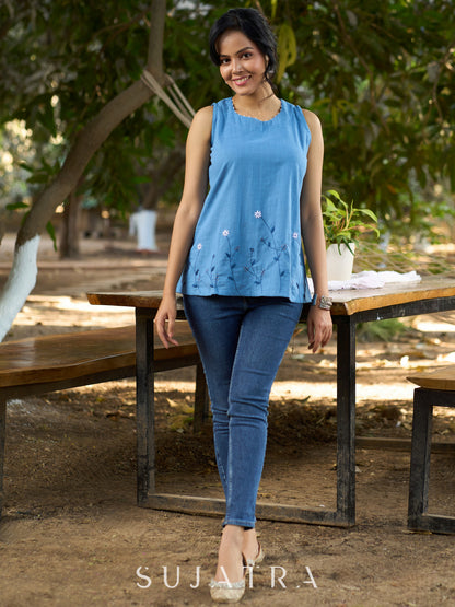 Serene Sky Blue Cotton Slub Sleeveless Top with Hand Embroidered Florals & Intricate Bead Embellishments