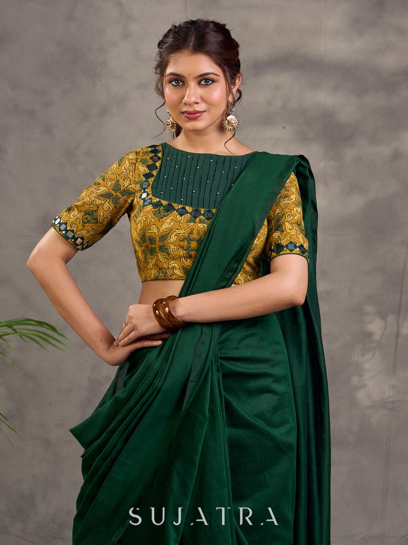 Mustard Ajrakh Print Cotton Blouse with Pintucks Detailing & Mirror Work