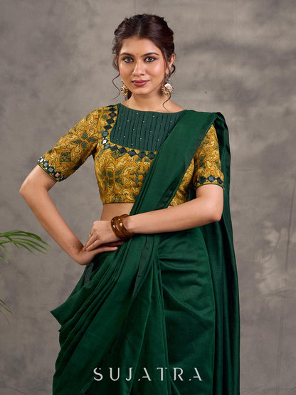 Mustard Ajrakh Print Cotton Blouse with Pintucks Detailing & Mirror Work