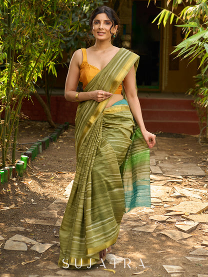 Striped Olive cotton Saree with Lustrous Golden Border