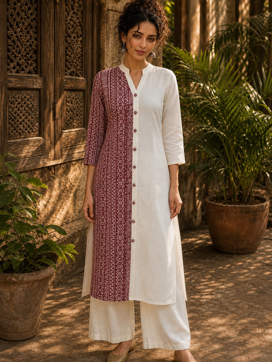 Vivid Dusty Pink & Ivory Half & Half Kurta with Tribal Print Panel & Contrast Button Placket