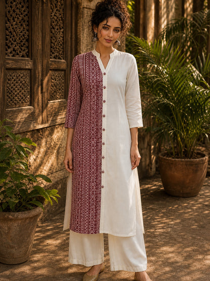 Vivid Dusty Pink & Ivory Half & Half Kurta with Tribal Print Panel & Contrast Button Placket
