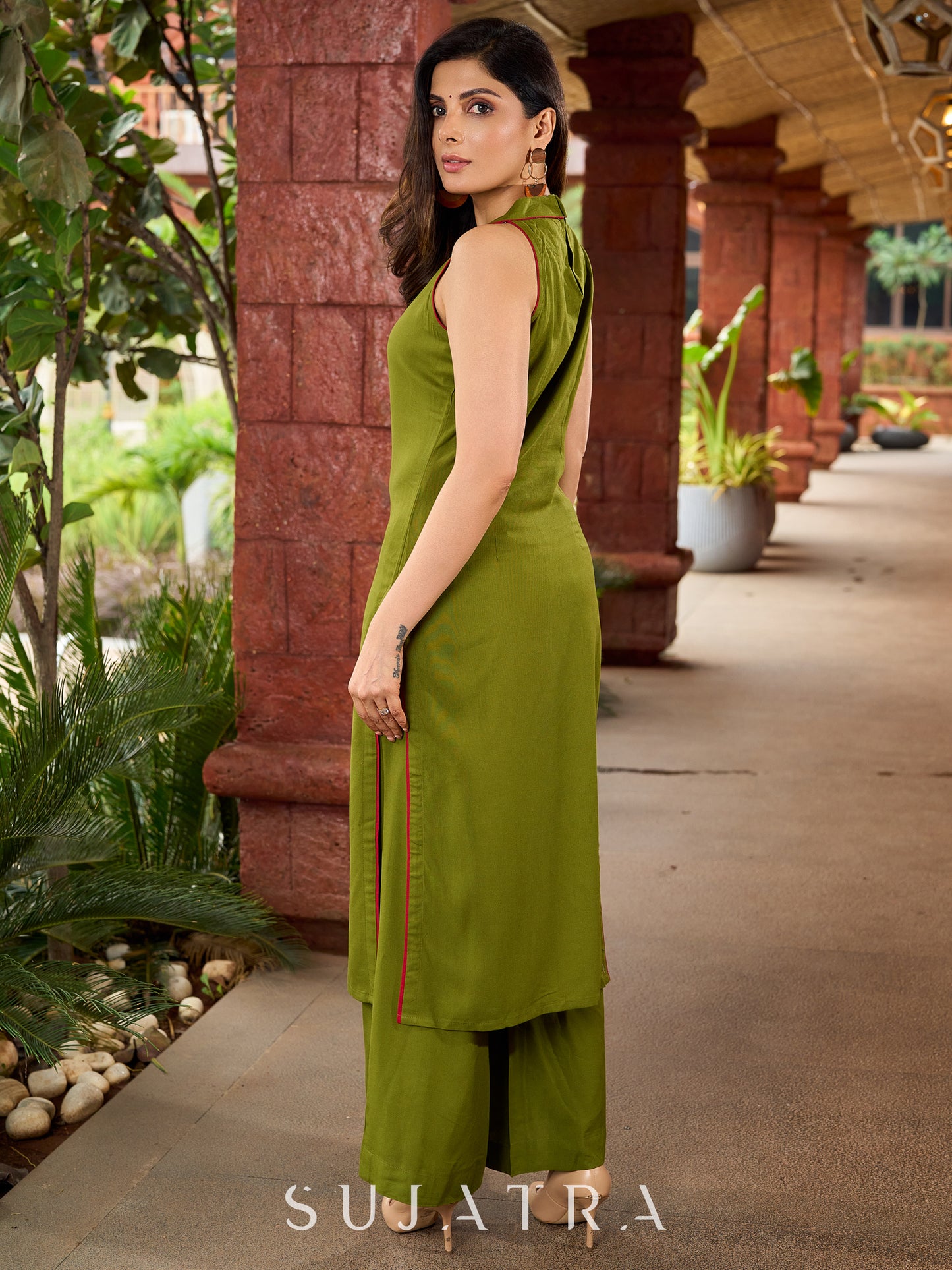 Mehndi green flowy  rayon halter neck kurta  - Pant Optional