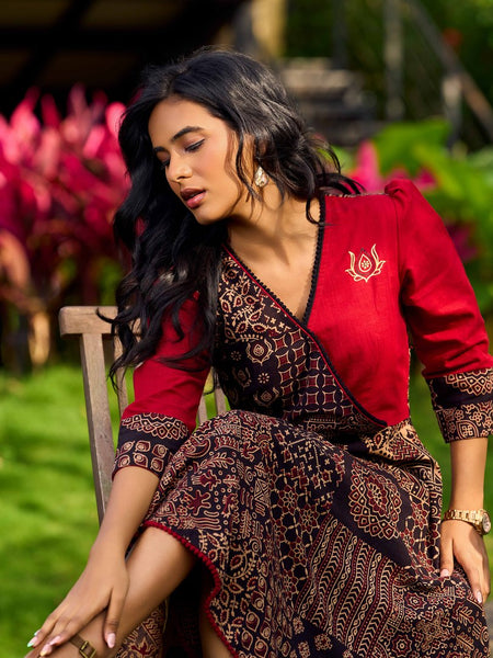 Indie Charm Maroon & Black Ajrakh Patchwork Print Dress with Hand Painted Motif