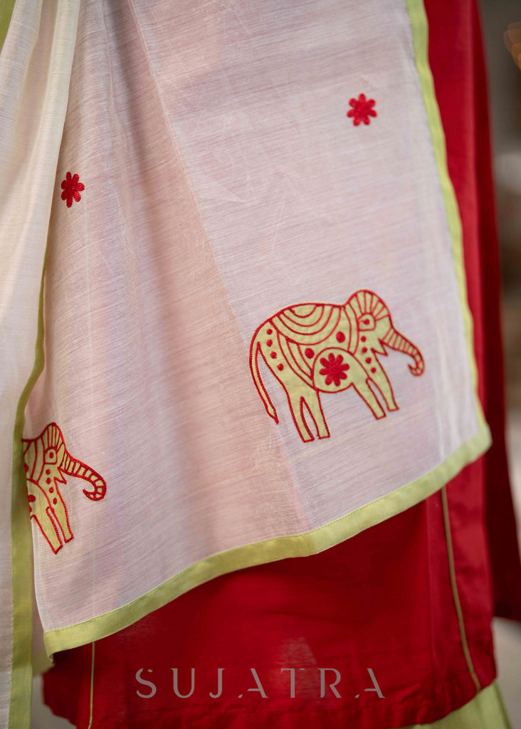 Elegant Red Cotton Silk A Line Kurta Pant Set With Pin tucks & Gold Pearls On Placket -  Dupatta Optional