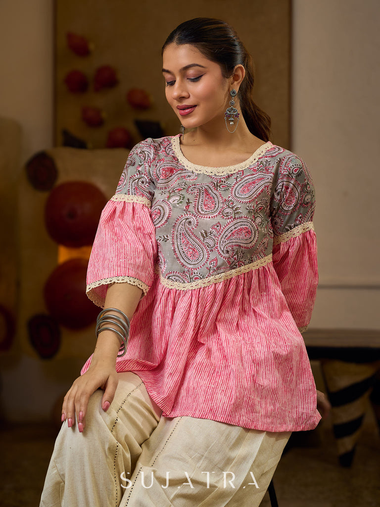 Graceful Pink Gathered Top Featuring A Paisley Printed Yoke And Coordinated Sleeves