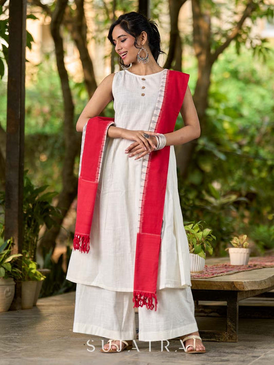 Exquisite Grey & Red Combination Ikat Cotton Dupatta