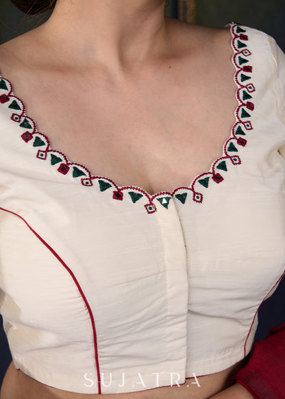 Embroidered Scalloped off White Cotton Silk Blouse - Optional Plain Saree