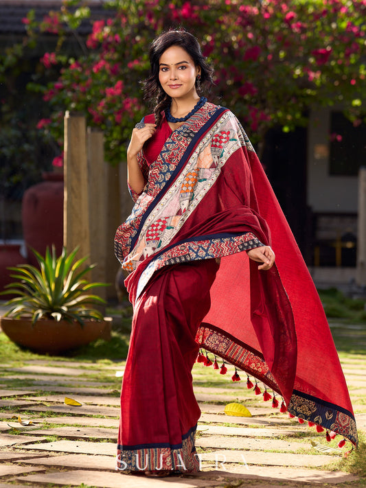 Classy Maroon Cotton Saree with Vibrant Ajrakh Kantha Patchwork Border
