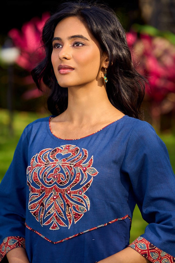 Ajrakh Appliqué Cotton Dress In Navy With Bell Sleeves And Mirror Embellishment