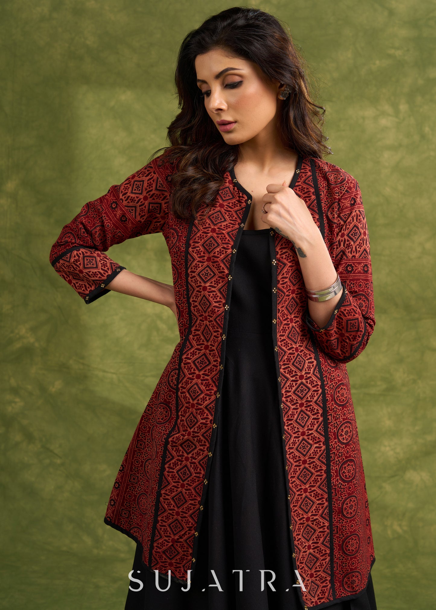 Real Elegant Maroon Ajrakh Long Jacket With Sleek Black Piping And Stone Adornments-  Dress Optional