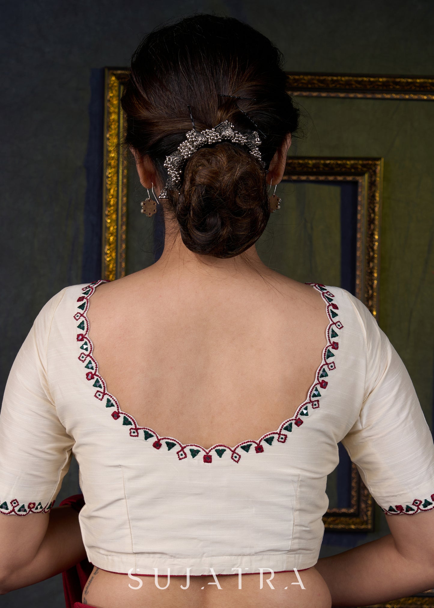 Embroidered Scalloped off White Cotton Silk Blouse - Optional Plain Saree