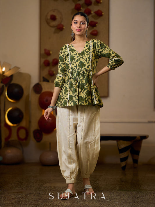 Elegant Cream And Olive Printed Gathered Top Adorned With Elegant Crochet Lace Highlights