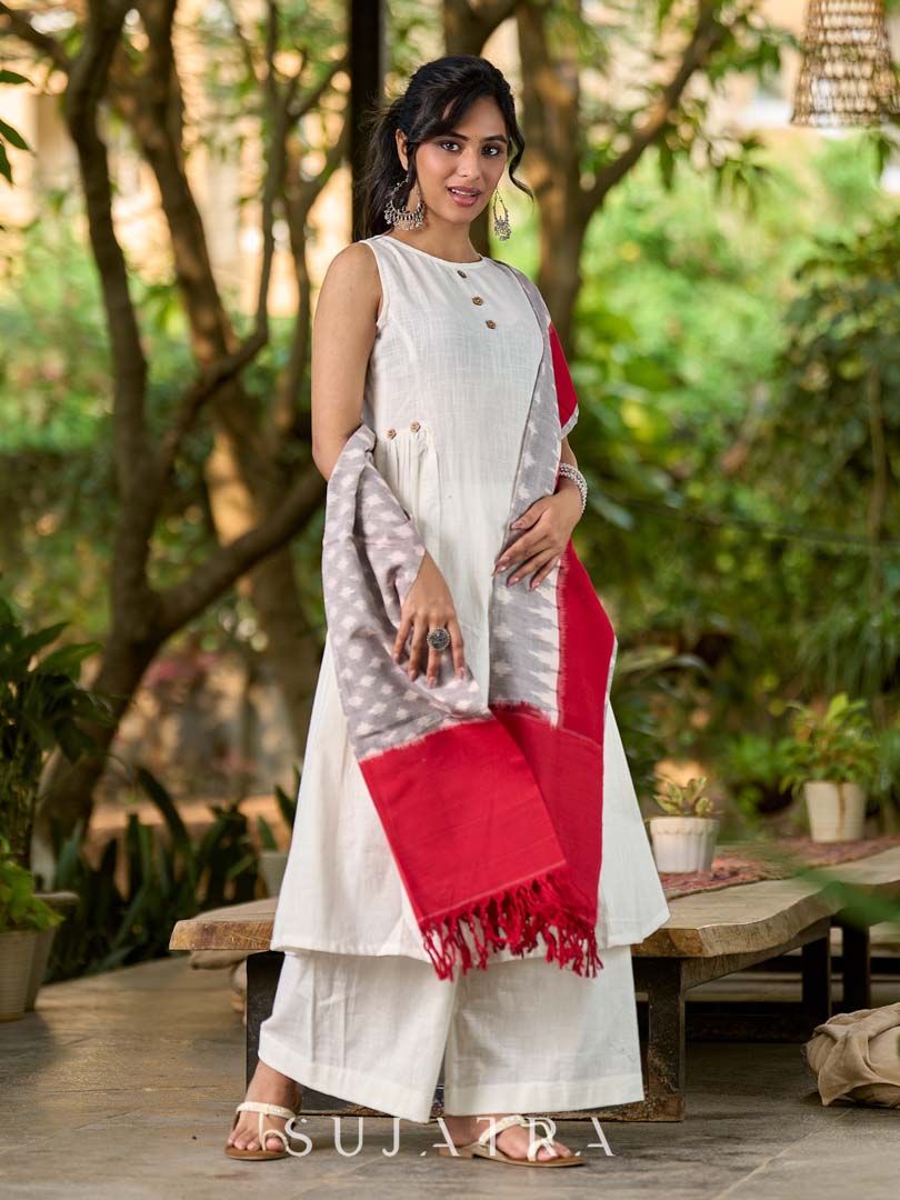 Exquisite Grey & Red Combination Ikat Cotton Dupatta
