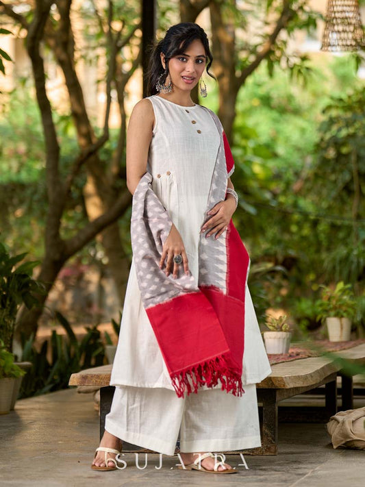 Exquisite Grey & Red Combination Ikat Cotton Dupatta