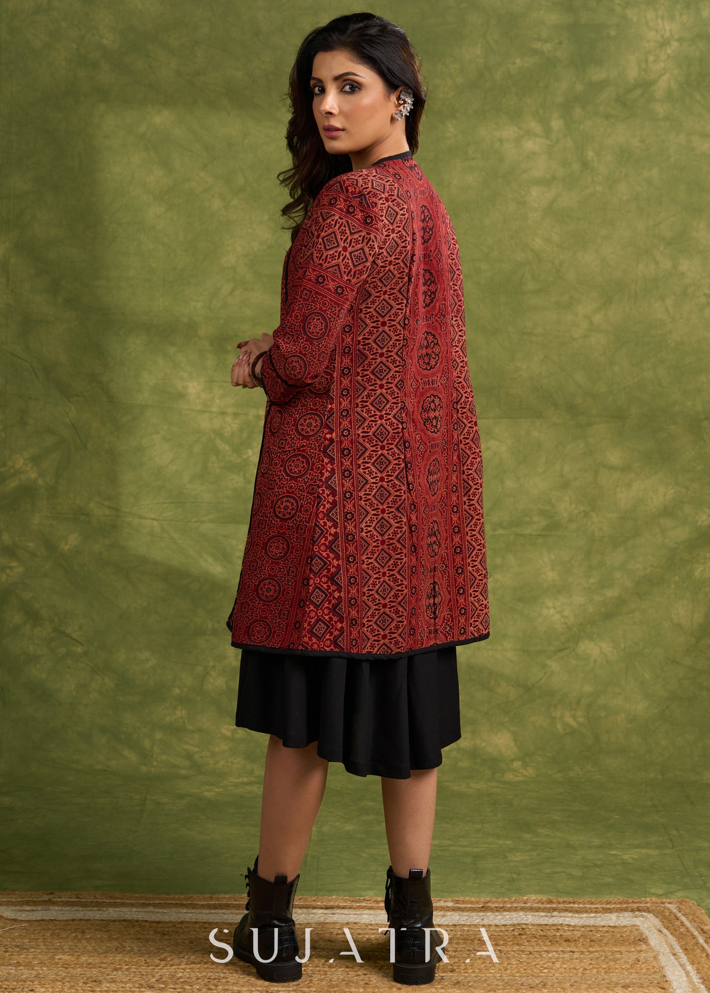 Real Elegant Maroon Ajrakh Long Jacket With Sleek Black Piping And Stone Adornments-  Dress Optional