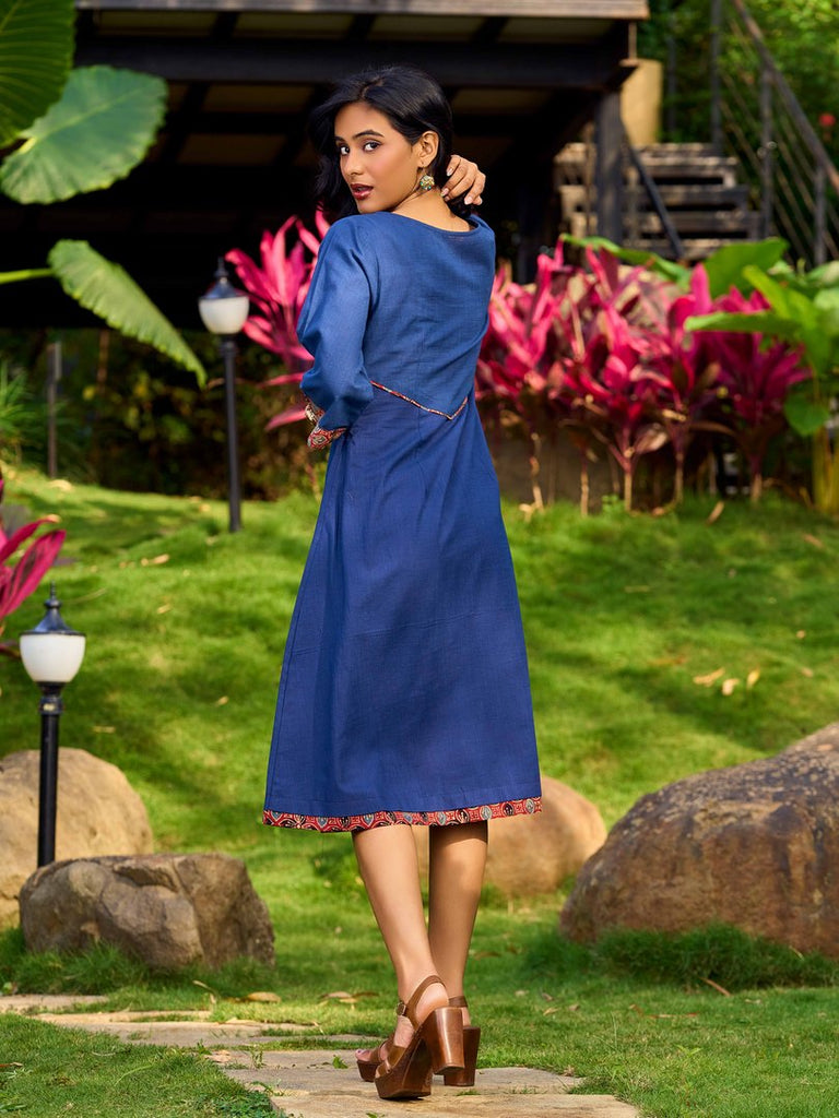 Ajrakh Appliqué Cotton Dress In Navy With Bell Sleeves And Mirror Embellishment