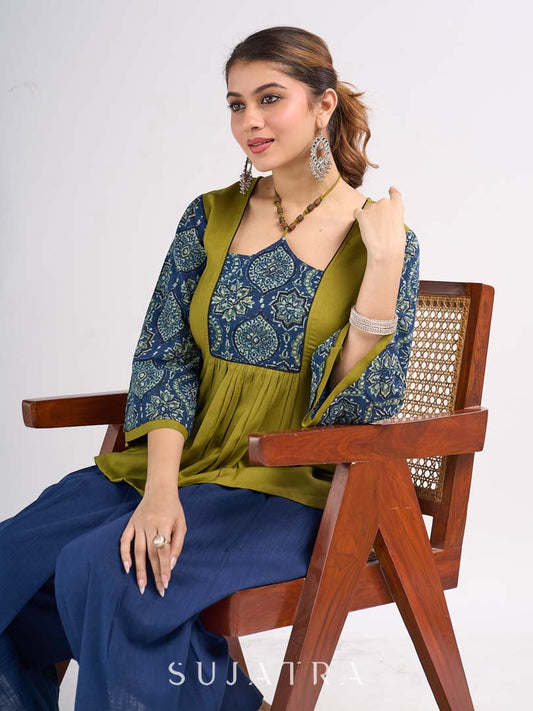 Olive Rayon Designer Top with Ajrakh Yoke and Statement Neckpiece-Tie Up Drawstring