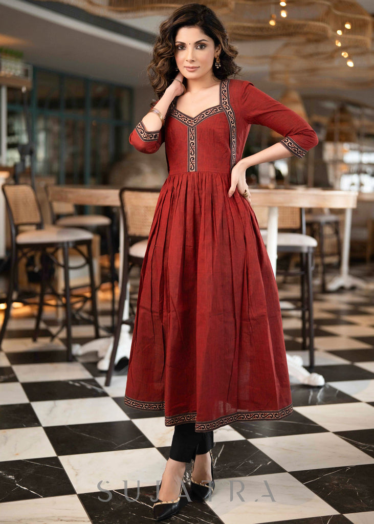 Stylish Maroon Handloom A Line Kurta With Ajrakh Border On Yoke With Slip  - Pant Optional