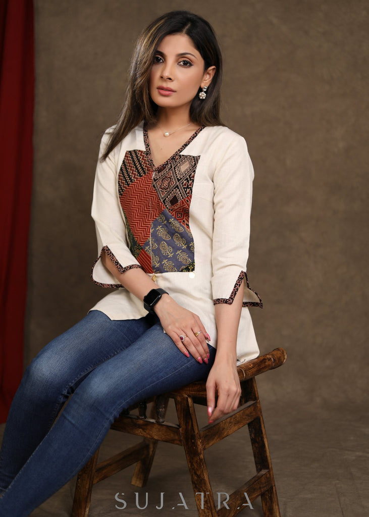Smart High-Low Ajrakh Patchwork Cotton Off White Top