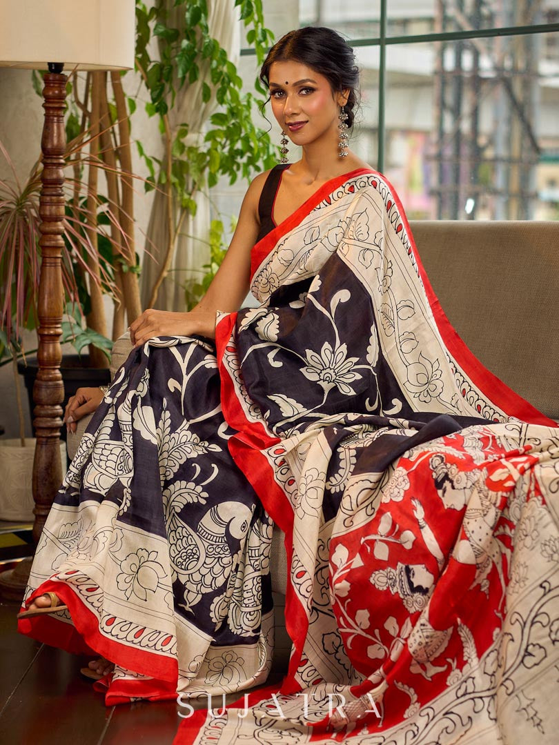 Classic Black & White Kalamkari Pure Silk Saree with Bold Red Contrast Border