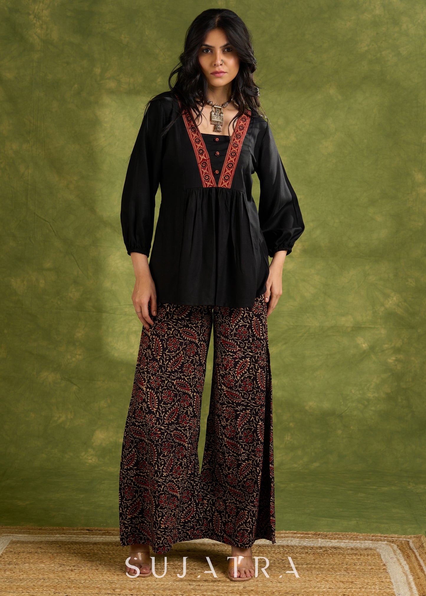 Black Rayon Top With Ajrakh Detailing On The V-Neckline, Button Accents, And Long Sleeves - Pant Optional