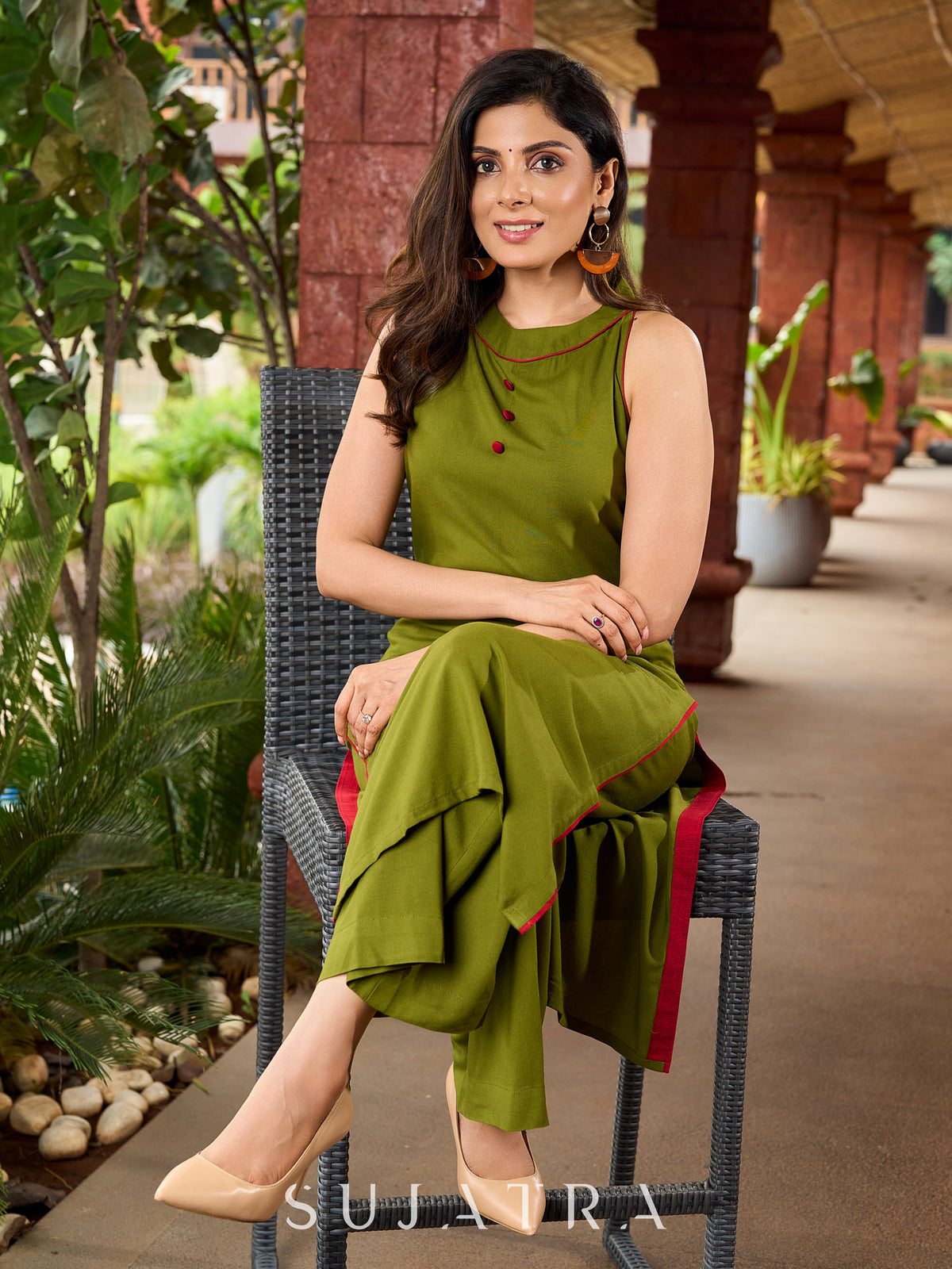Dussehra Sale — Mehndi green flowy rayon halter neck kurta - Pant Optional