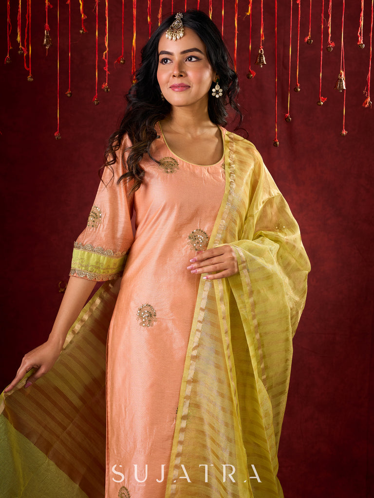 Graceful Peach-Green Combination Chanderi Kurta with Fine Embroidery