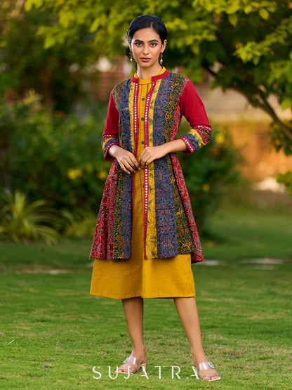 Artisanal Multicolour Panel Jacket with Intricate Ajrakh Prints and Mirror Lace Embellishments