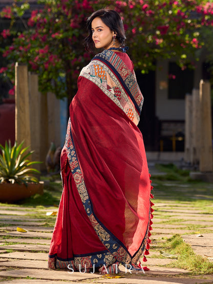 Classy Maroon Cotton Saree with Vibrant Ajrakh Kantha Patchwork Border