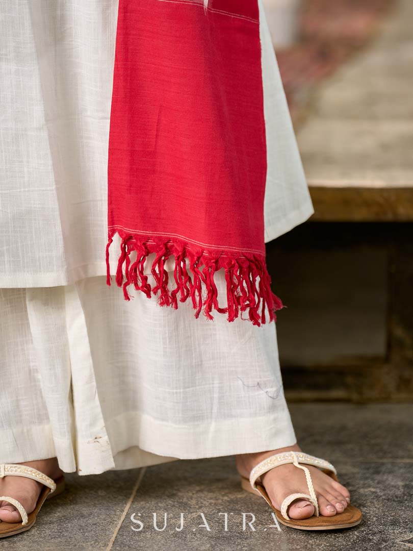 Exquisite Grey & Red Combination Ikat Cotton Dupatta
