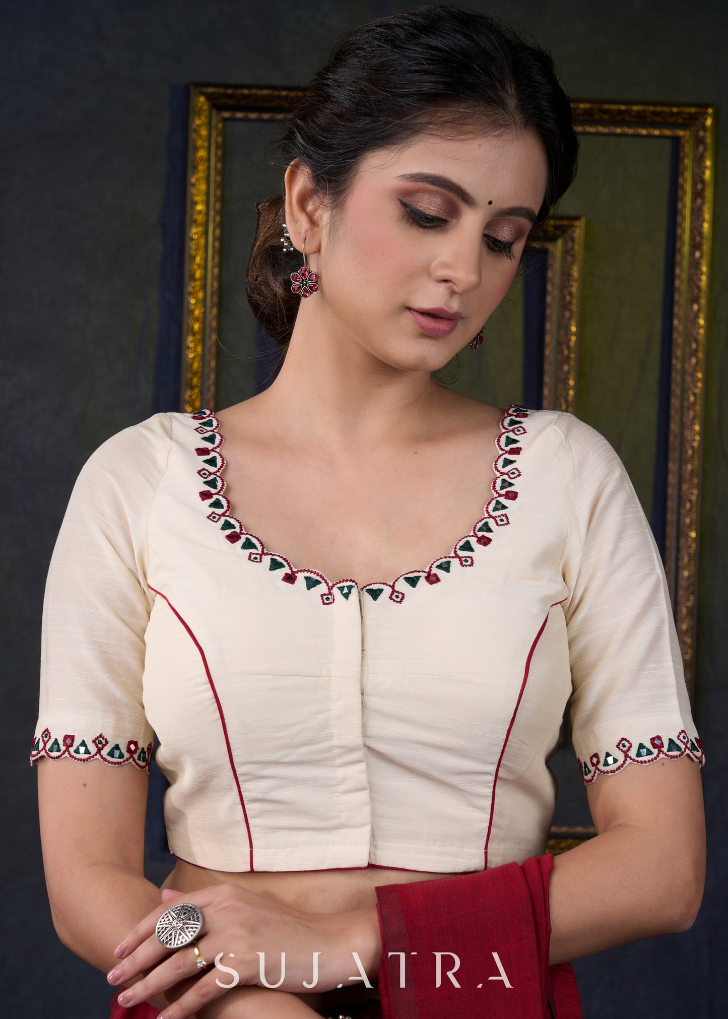 Embroidered Scalloped off White Cotton Silk Blouse - Optional Plain Saree