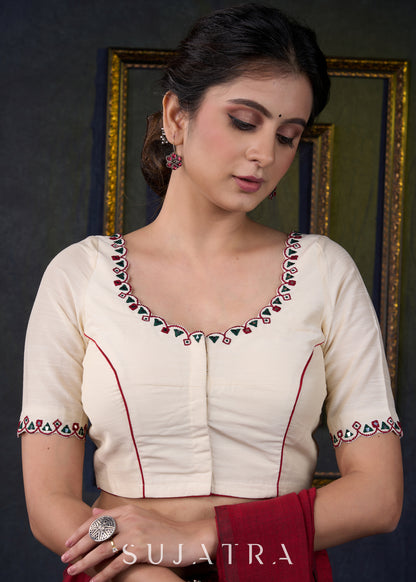 Embroidered Scalloped off White Cotton Silk Blouse - Optional Plain Saree