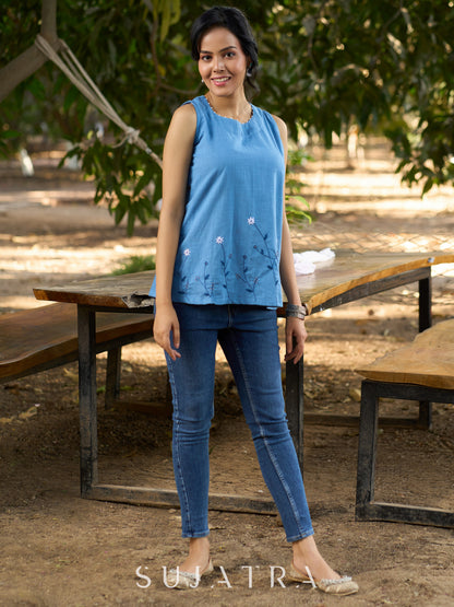 Serene Sky Blue Cotton Slub Sleeveless Top with Hand Embroidered Florals & Intricate Bead Embellishments
