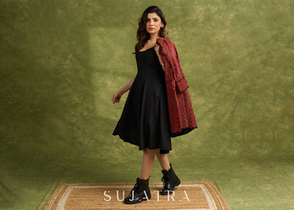 Real Elegant Maroon Ajrakh Long Jacket With Sleek Black Piping And Stone Adornments-  Dress Optional