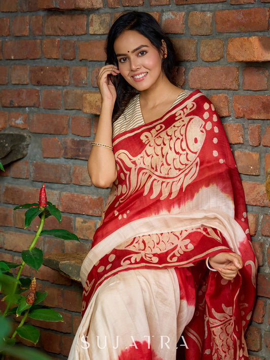 Pure silk masterpiece saree with statement fish patterns