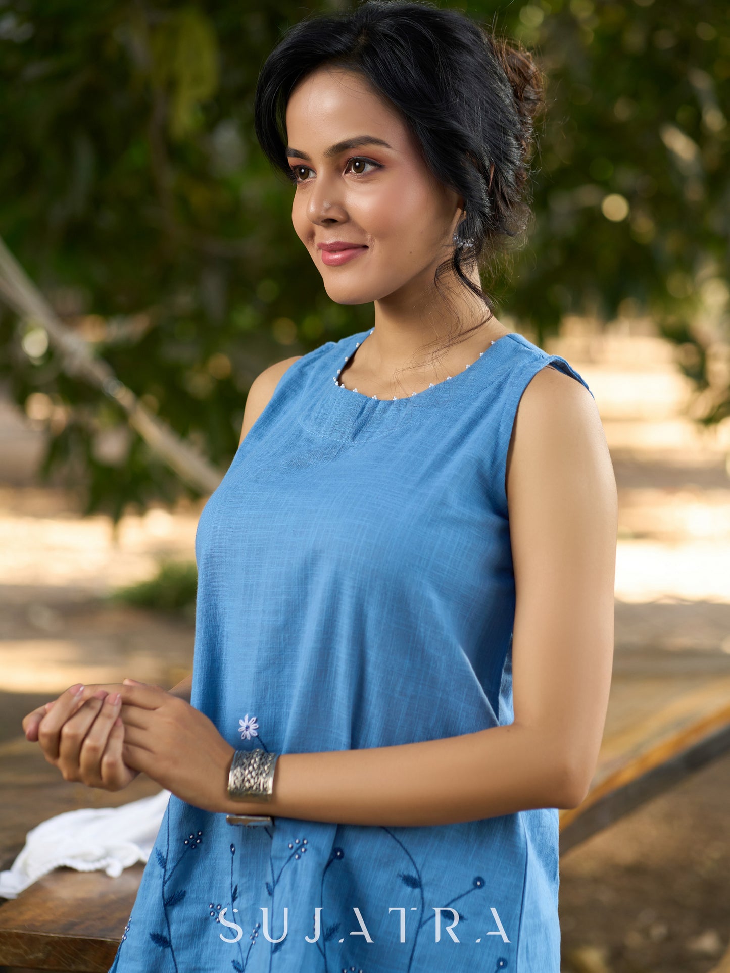 Serene Sky Blue Cotton Slub Sleeveless Top with Hand Embroidered Florals & Intricate Bead Embellishments