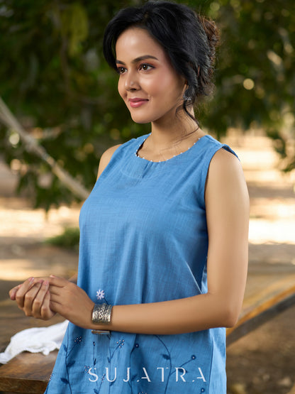 Serene Sky Blue Cotton Slub Sleeveless Top with Hand Embroidered Florals & Intricate Bead Embellishments