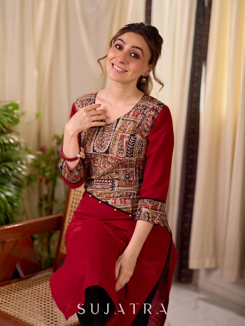Deep Maroon Cotton Kurta with Asymmetric Kalamkari Print Yoke and Cuff Detail