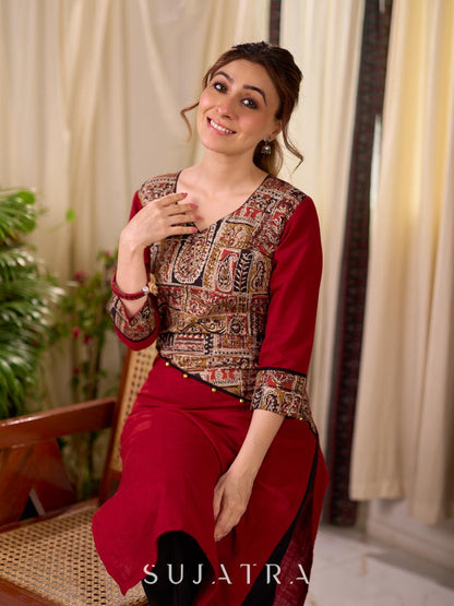 Deep Maroon Cotton Kurta with Asymmetric Kalamkari Print Yoke and Cuff Detail