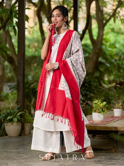 Exquisite Grey & Red Combination Ikat Cotton Dupatta