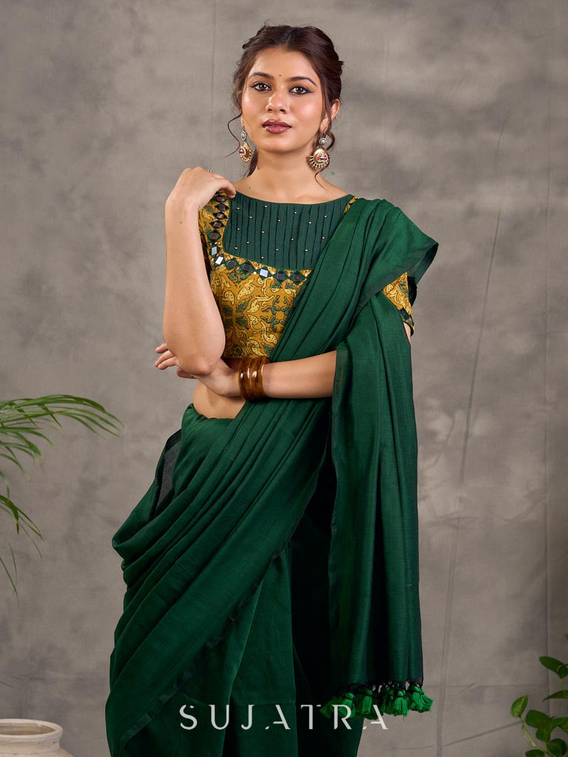 Mustard Ajrakh Print Cotton Blouse with Pintucks Detailing & Mirror Work